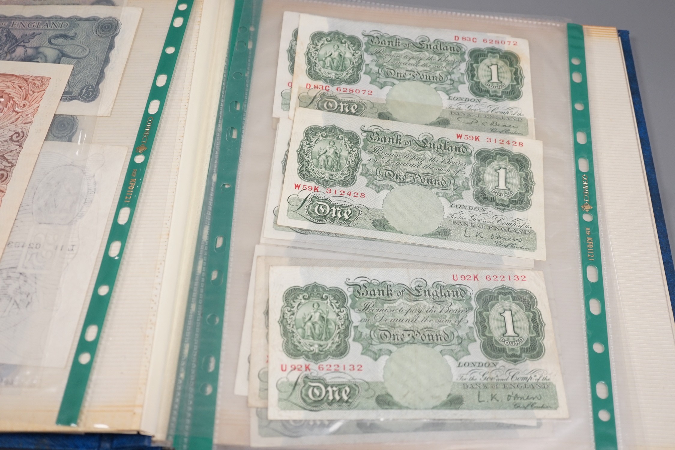 A Weald of Kent One Pound banknote, April 1813 and a portfolio of early banknotes including the white Five Pounds note, 1947, Chief Cashier Kenneth Peppiatt